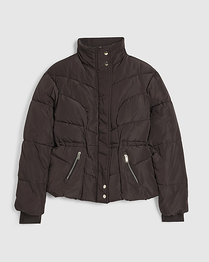 Petite Brown Cinched Waist Padded Jacket