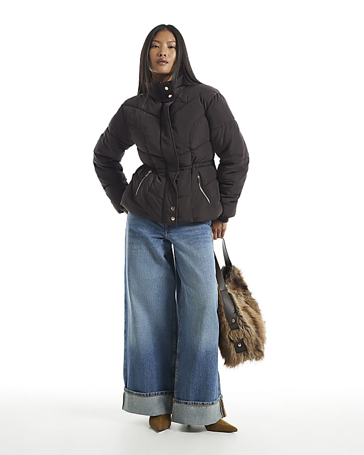 Petite Brown Cinched Waist Padded Jacket