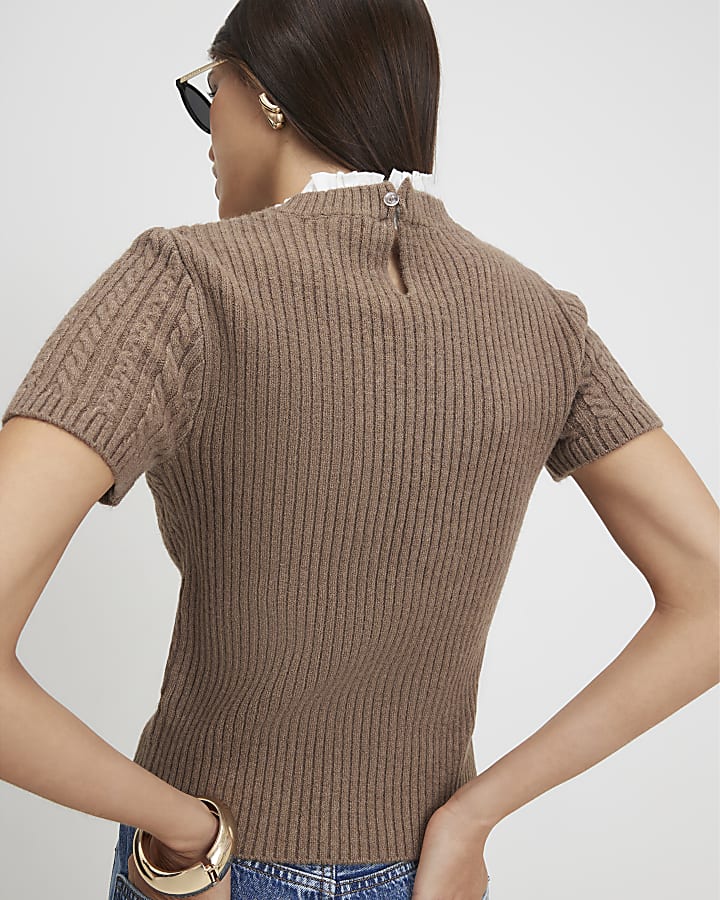 Brown Cable Knit Collared Top