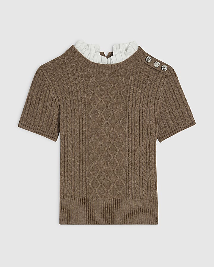Brown Cable Knit Collared Top