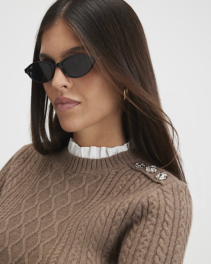 Brown Cable Knit Collared Top