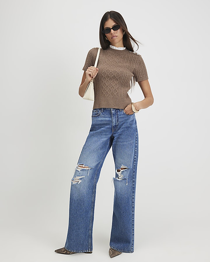 Brown Cable Knit Collared Top