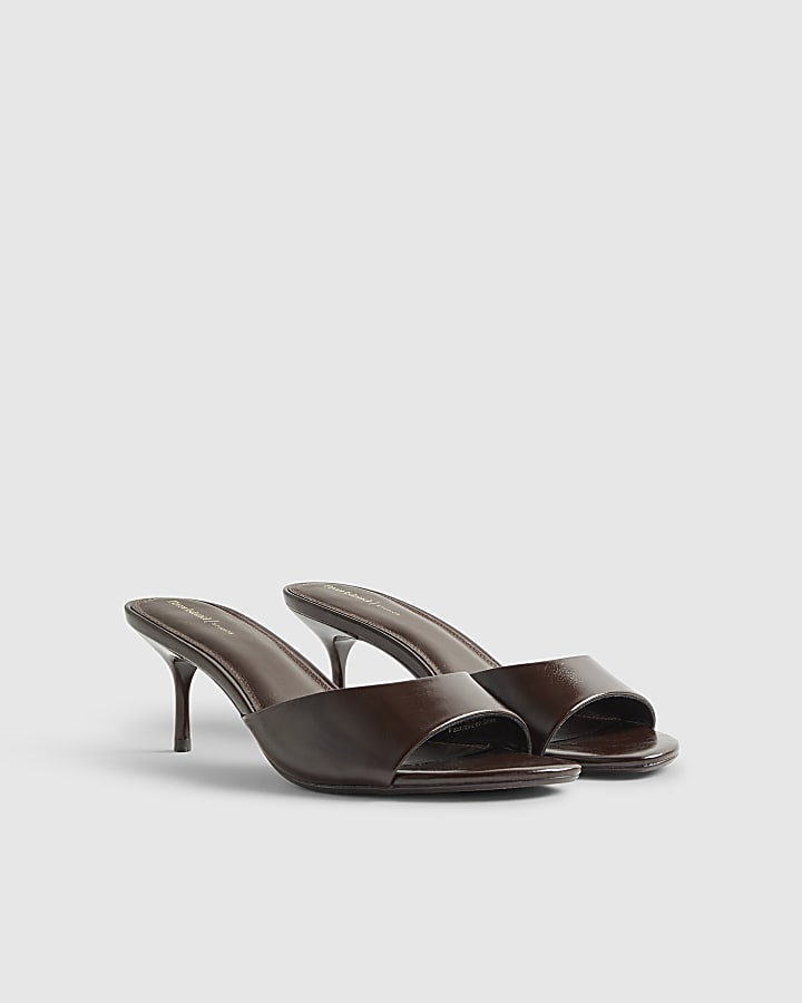 Brown Wide Fit Faux Leather Mule Kitten Heels
