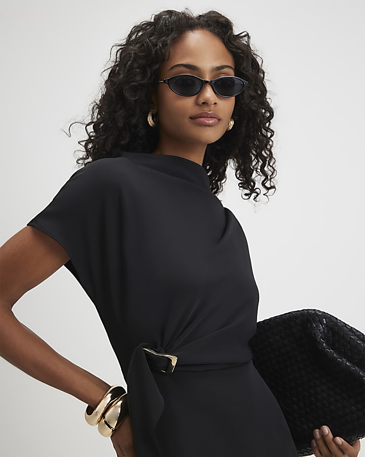 Black Crepe Snaffle Detail Mini Dress