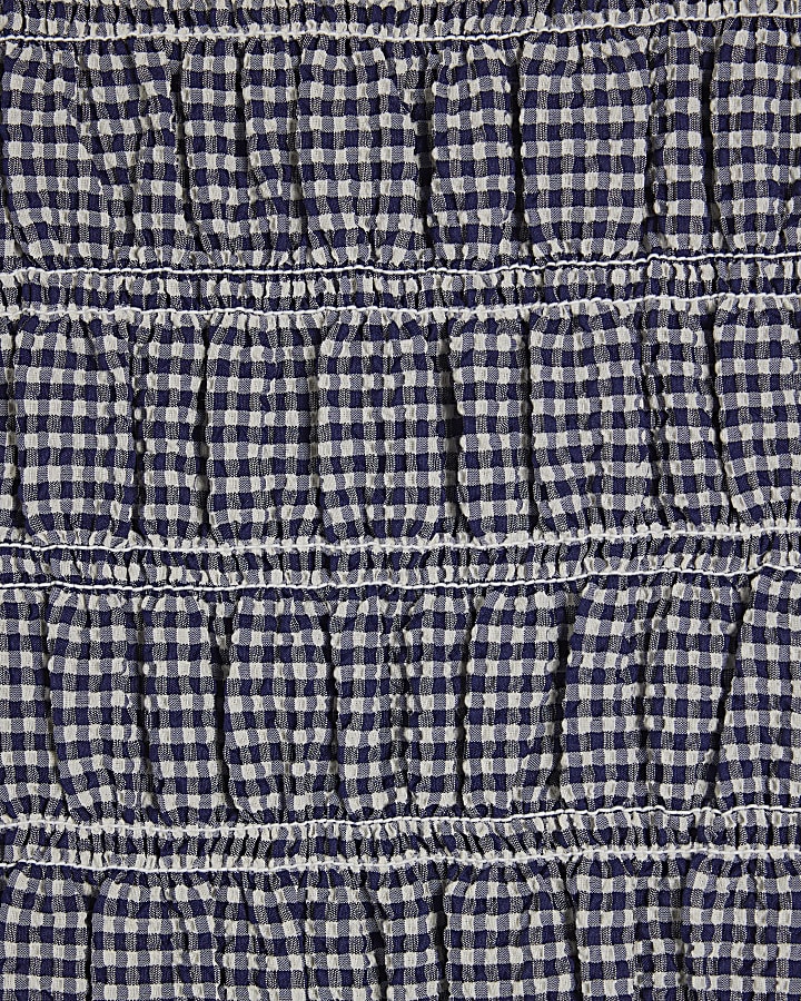 Navy Gingham Sleeveless Shirred Tank Top
