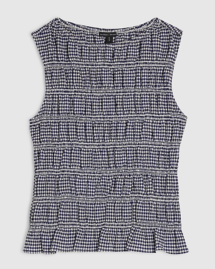 Navy Gingham Sleeveless Shirred Tank Top