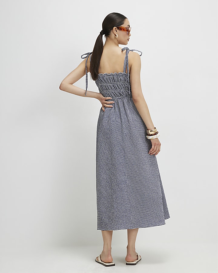 Navy Gingham Cotton Blend Shirred Midi Dress