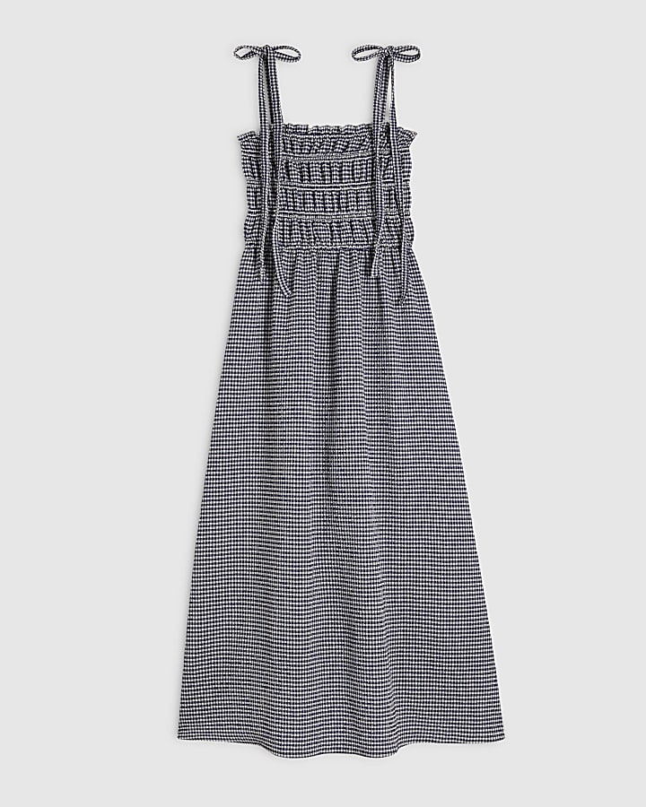 Navy Gingham Cotton Blend Shirred Midi Dress