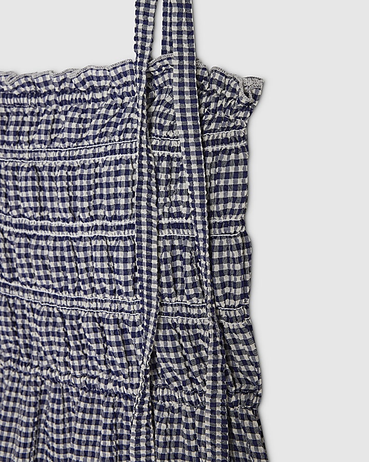 Navy Gingham Cotton Blend Shirred Midi Dress