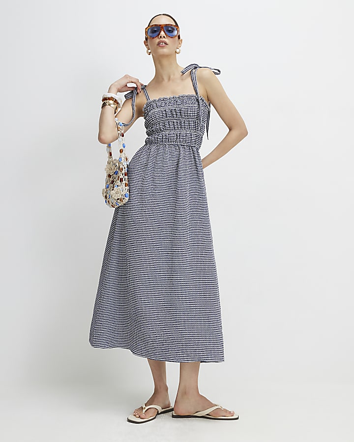 Navy Gingham Cotton Blend Shirred Midi Dress