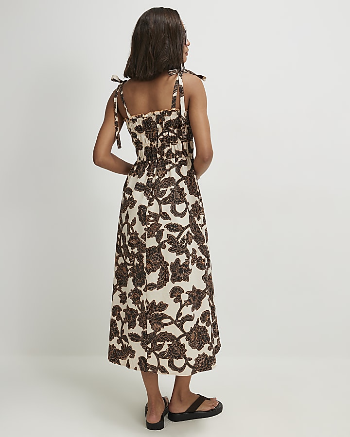 Beige Cotton Printed Shirred Midi dress