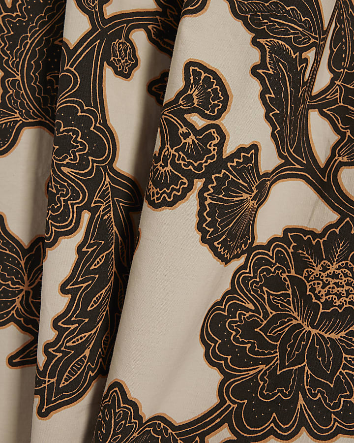 Beige Cotton Printed Shirred Midi dress