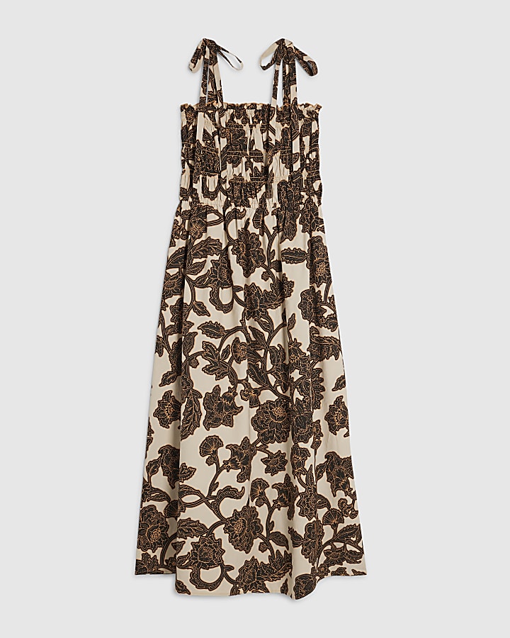 Beige Cotton Printed Shirred Midi dress