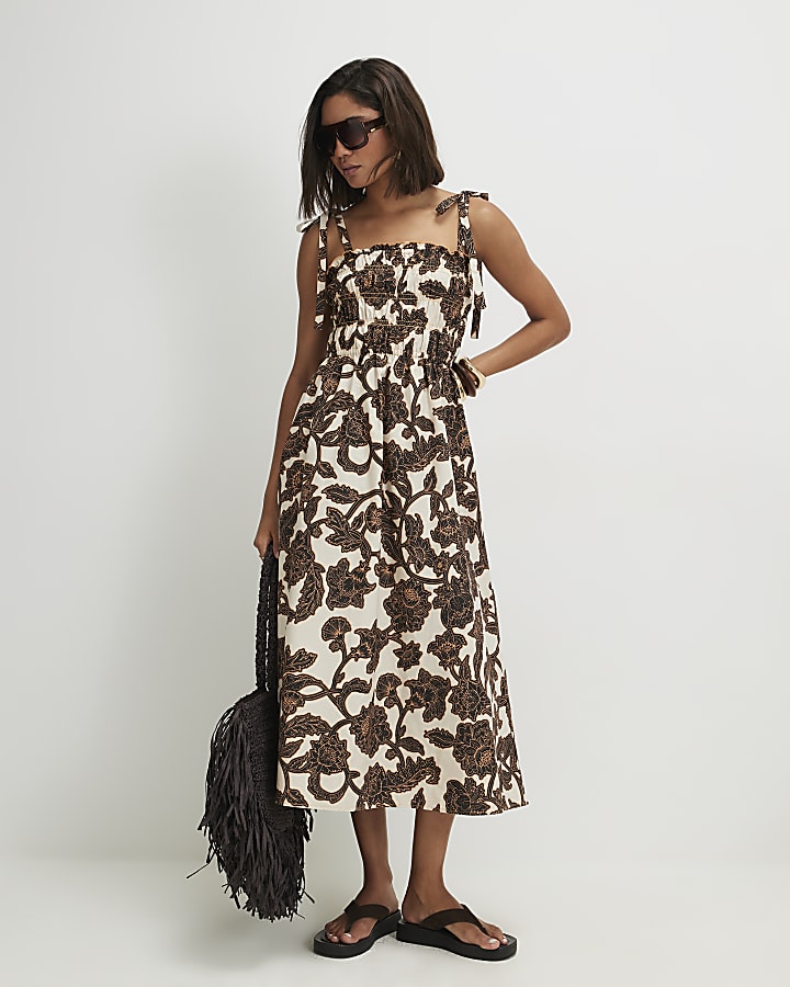 Beige Cotton Printed Shirred Midi dress