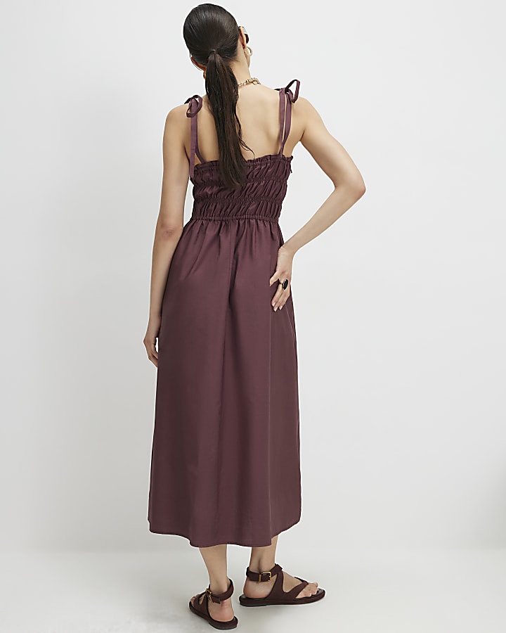 Purple Cotton Shirred Midi Dress