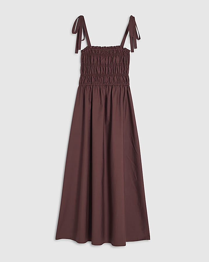 Purple Cotton Shirred Midi Dress