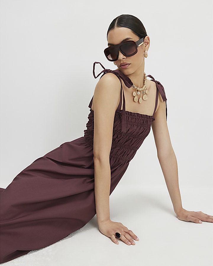 Purple Cotton Shirred Midi Dress