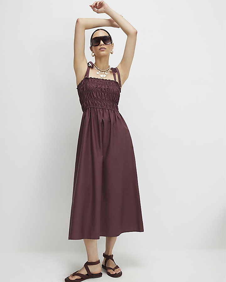 Purple Cotton Shirred Midi Dress