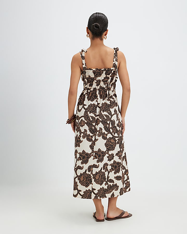 Petite Brown Floral Shirred Midi Dress