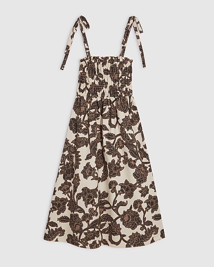 Petite Brown Floral Shirred Midi Dress