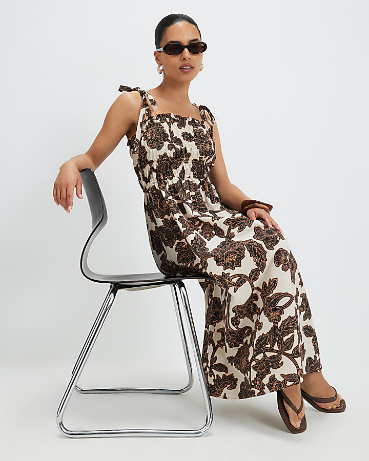 Petite Brown Floral Shirred Midi Dress