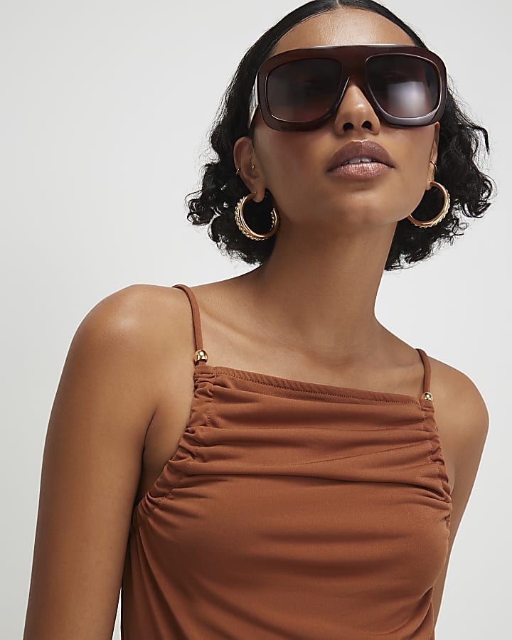 Brown Beaded Strap Cami Top