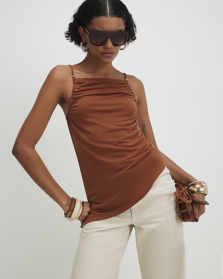 Brown Beaded Strap Cami Top