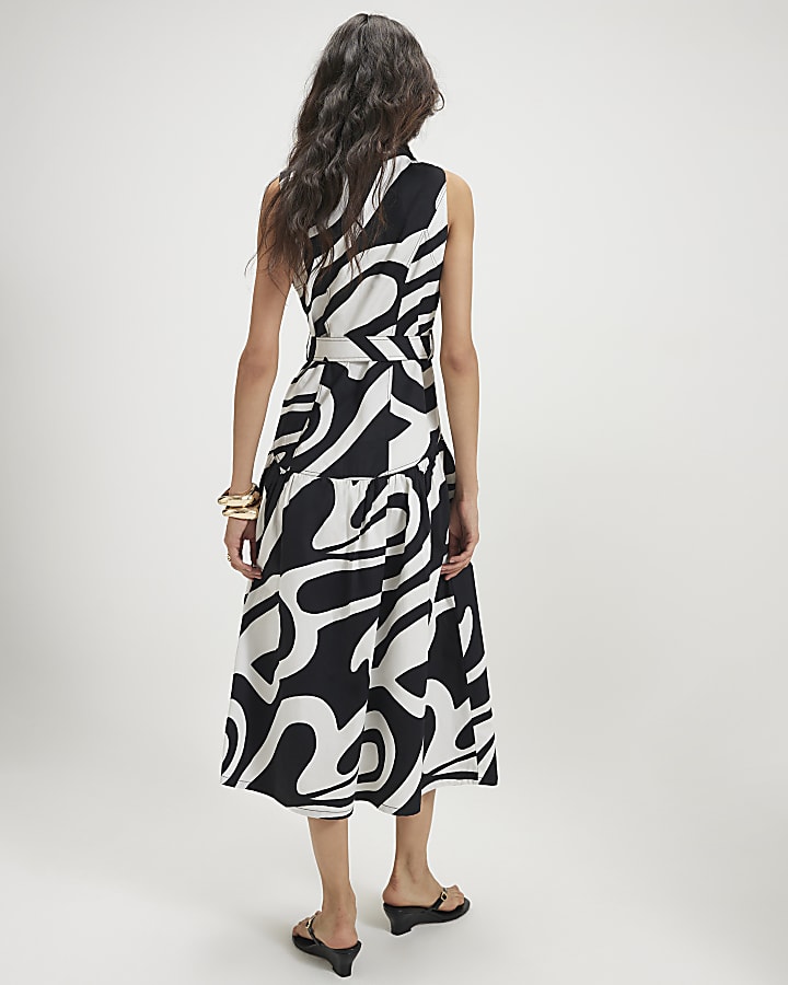 White Cotton Printed Belted Midi Shirt Dress