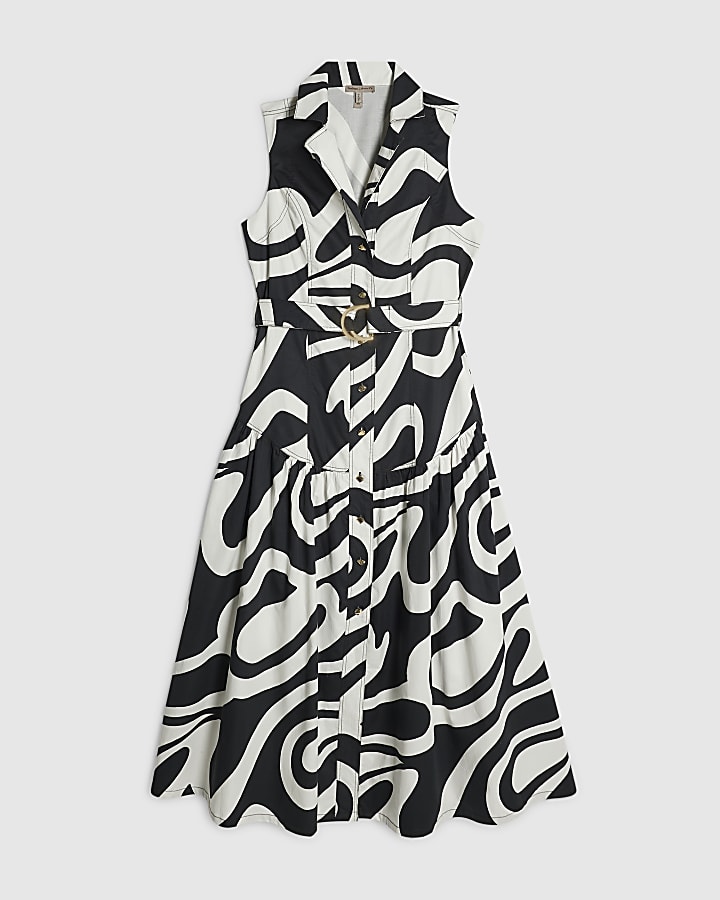White Cotton Printed Belted Midi Shirt Dress