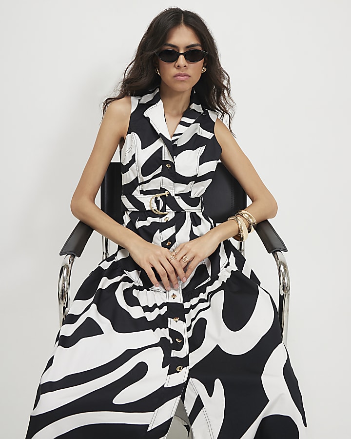 White Cotton Printed Belted Midi Shirt Dress