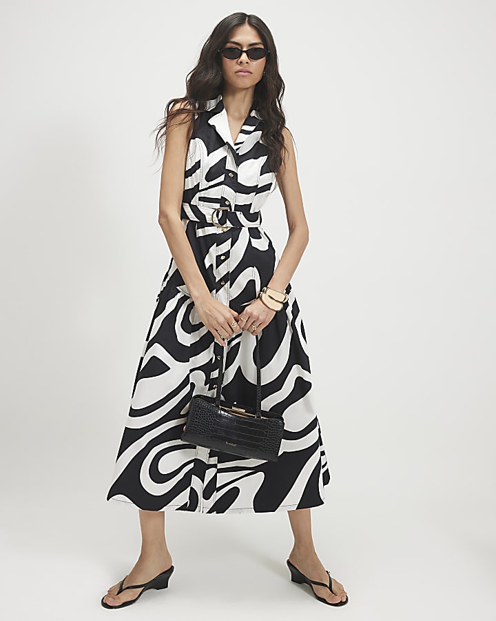 White Cotton Printed Belted Midi Shirt Dress