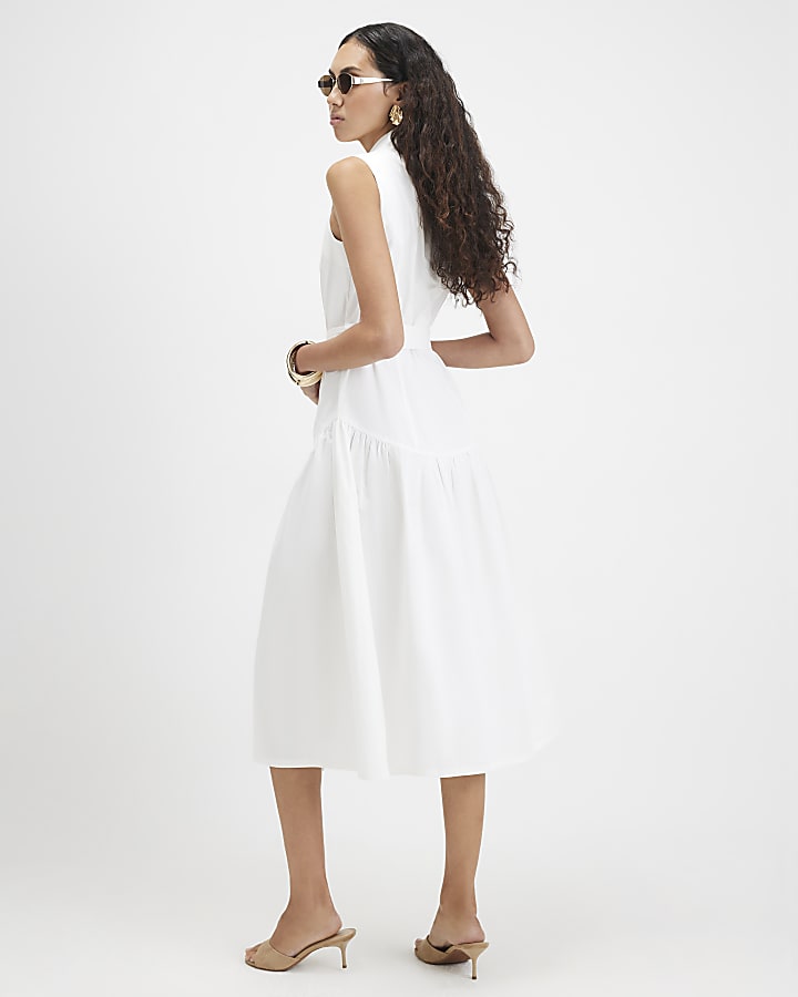 White Cotton Belted Midi Shirt Dress
