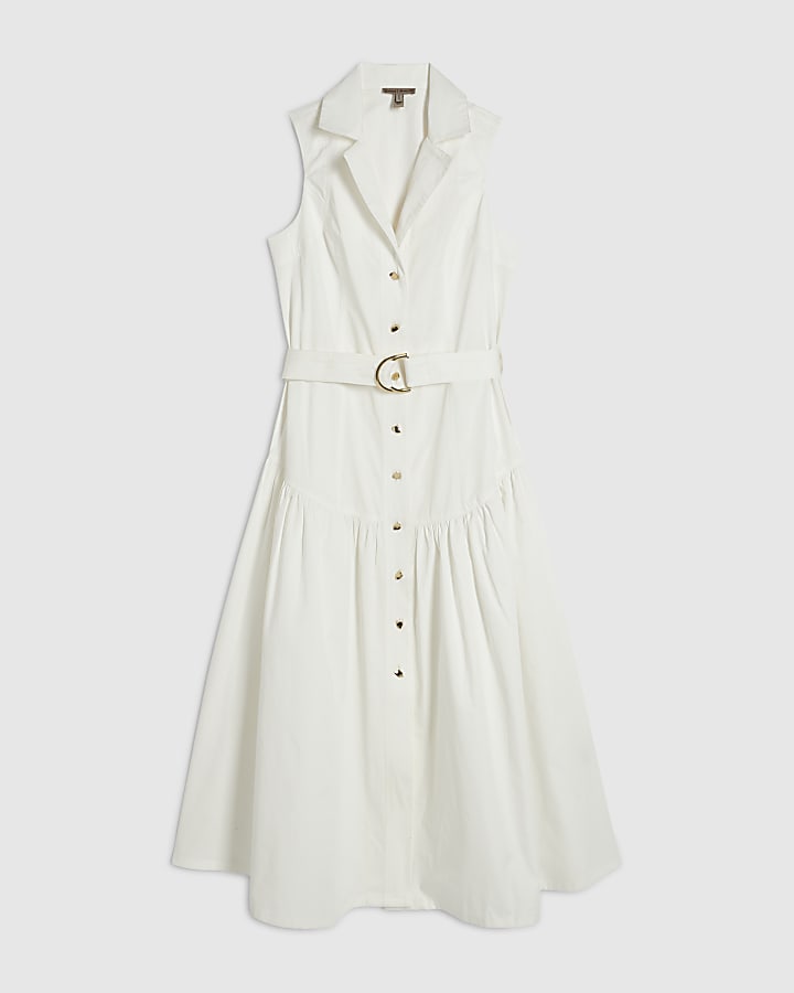 White Cotton Belted Midi Shirt Dress
