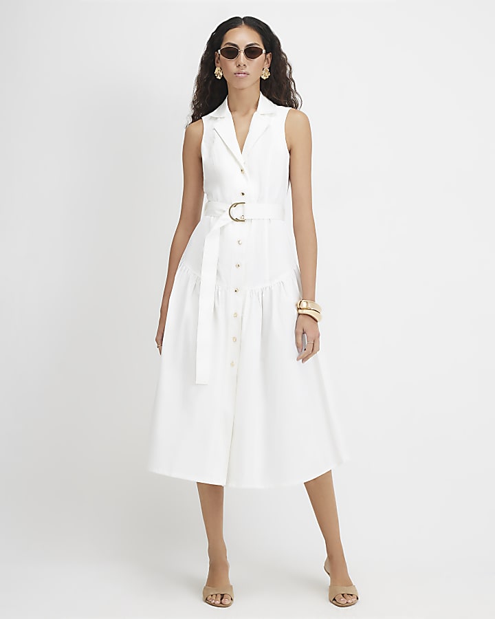 White Cotton Belted Midi Shirt Dress