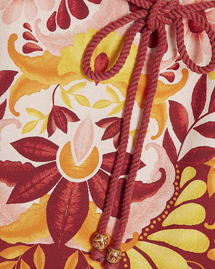 Orange Linen Blend Print Belted Mini Dress