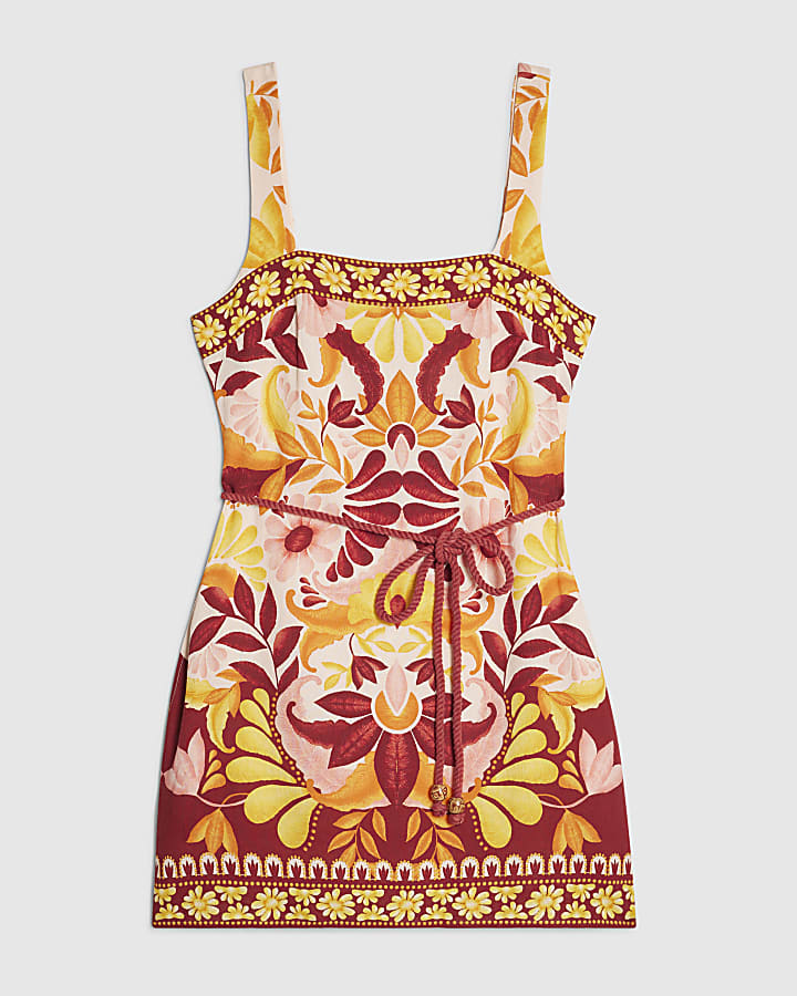 Orange Linen Blend Print Belted Mini Dress