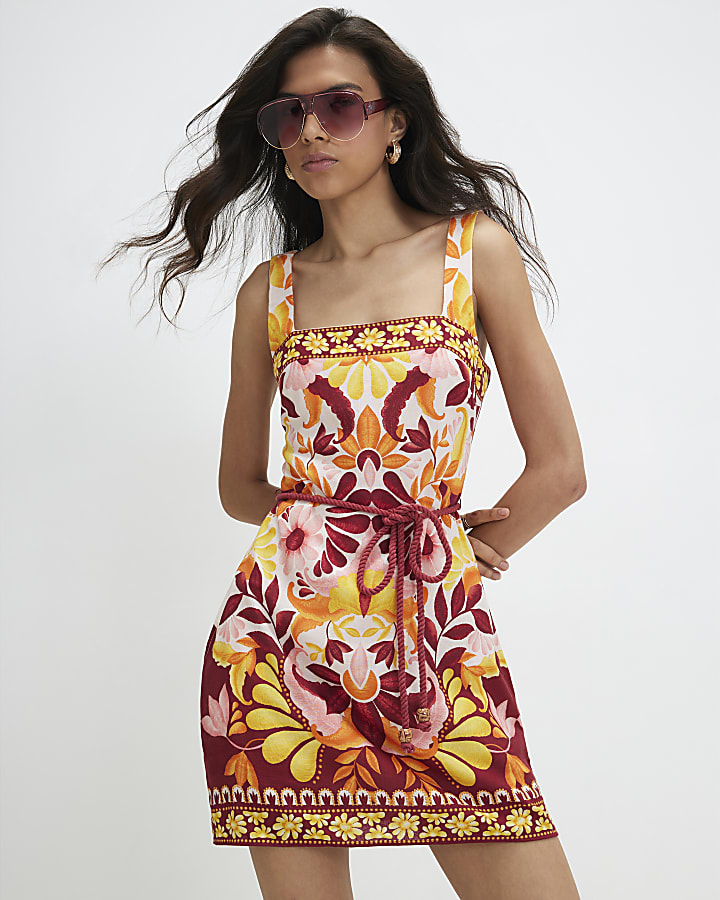 Orange Linen Blend Print Belted Mini Dress