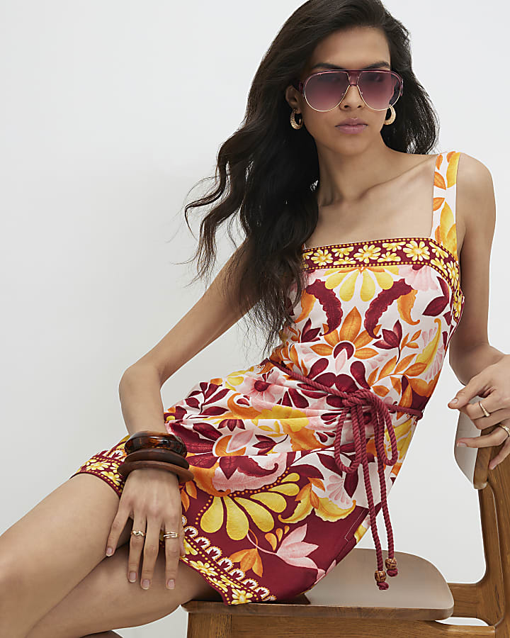 Orange Linen Blend Print Belted Mini Dress