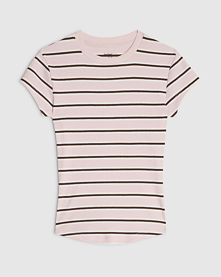 Pink Cotton Blend Short Sleeve Striped Top