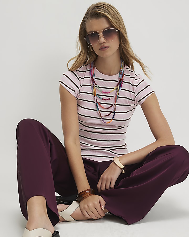 Pink Cotton Blend Short Sleeve Striped Top