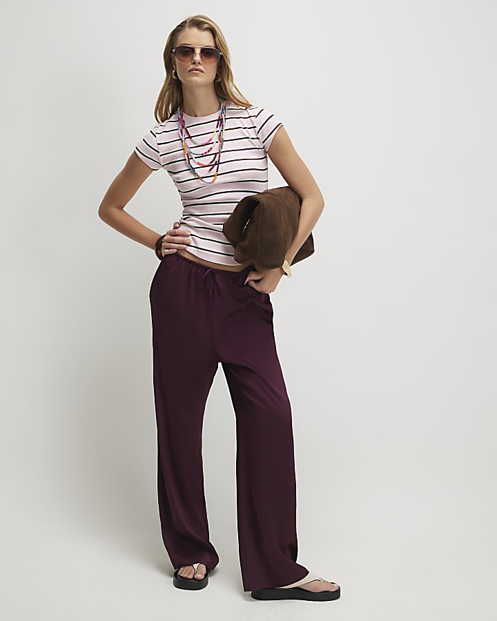 Pink Cotton Blend Short Sleeve Striped Top
