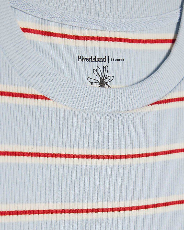 Blue Fitted Stripe Ribbed T-Shirt
