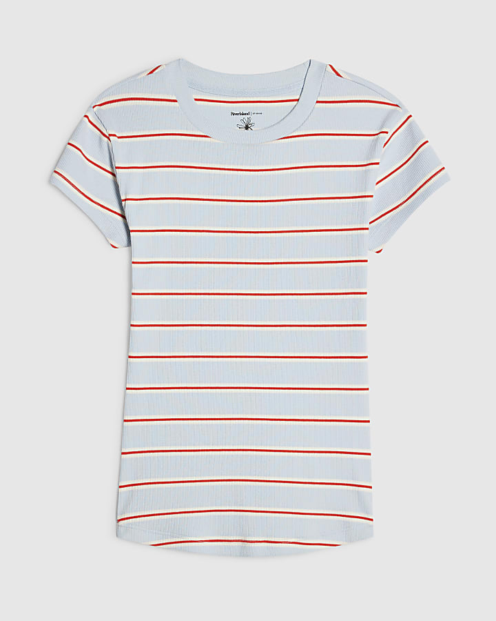 Blue Fitted Stripe Ribbed T-Shirt