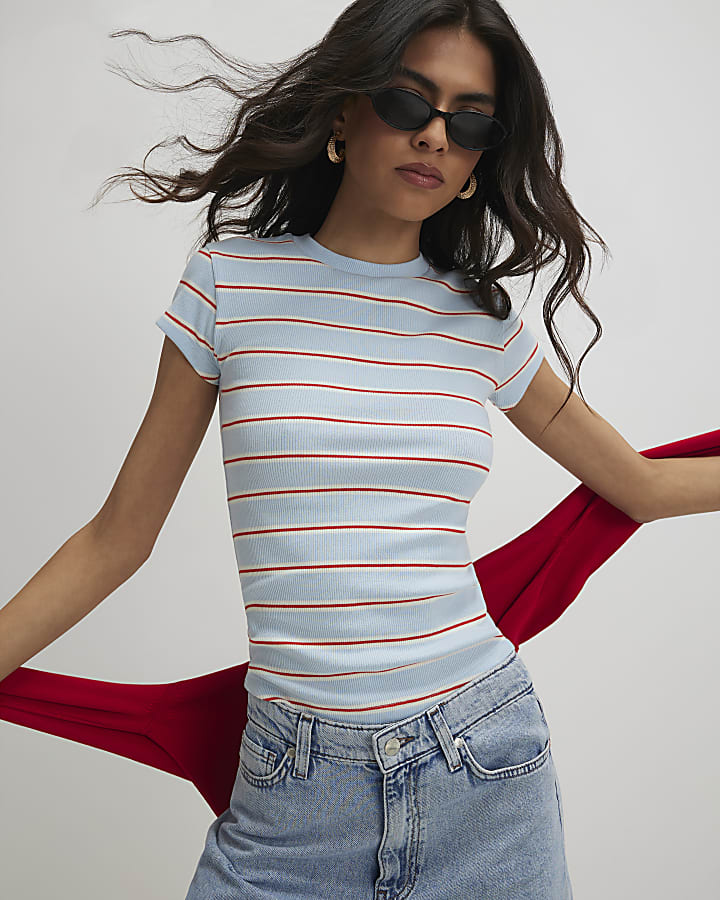 Blue Fitted Stripe Ribbed T-Shirt