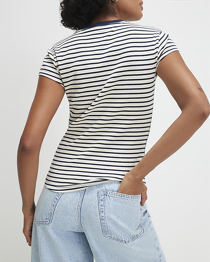 Navy Ribbed Stripe Fitted T-Shirt