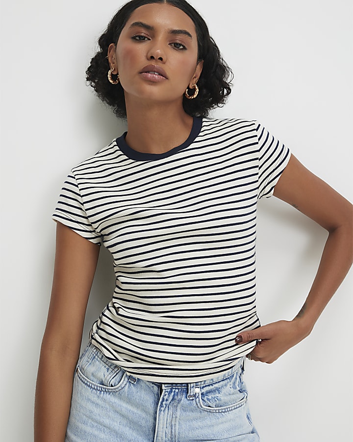 Navy Ribbed Stripe Fitted T-Shirt