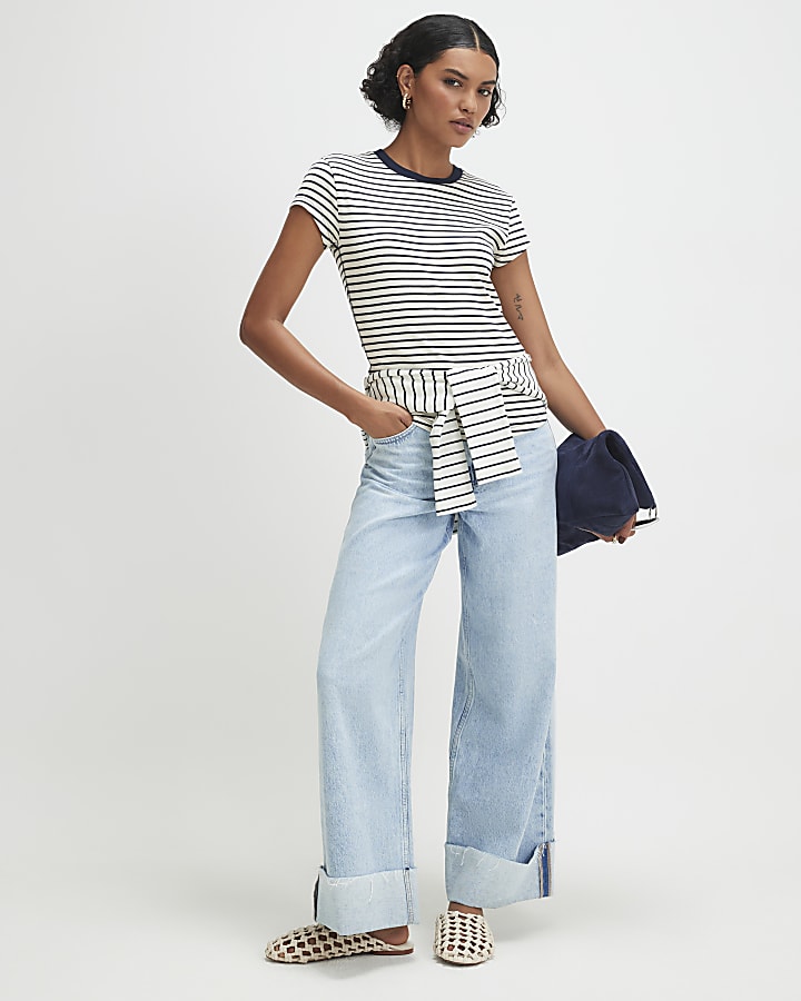 Navy Ribbed Stripe Fitted T-Shirt