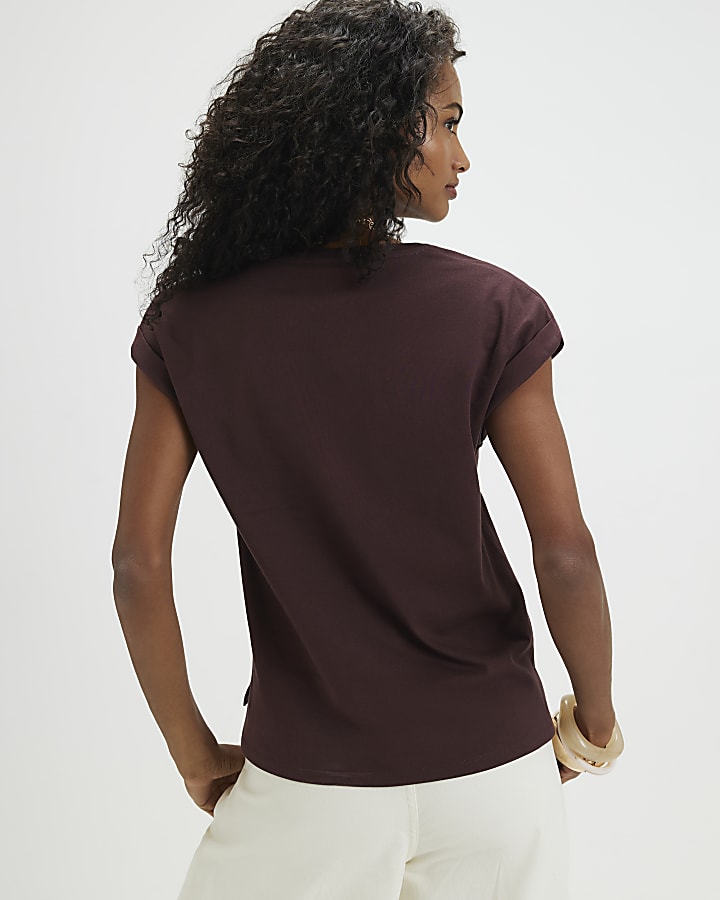 Brown Cotton Short Sleeve V Neck T-shirt