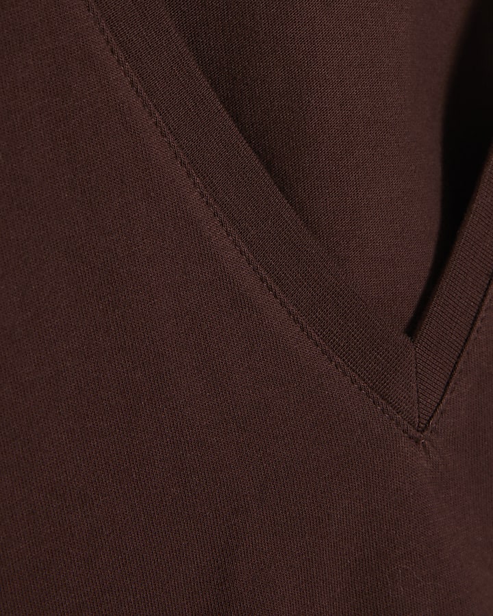 Brown Cotton Short Sleeve V Neck T-shirt
