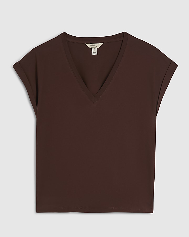 Brown Cotton Short Sleeve V Neck T-shirt